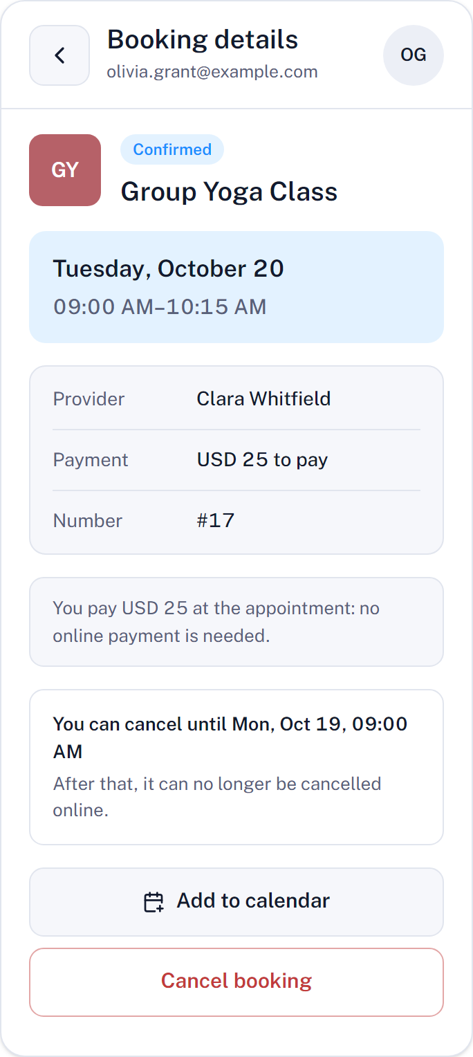 The details of a confirmed booking with the cancellation deadline, Add to calendar and Cancel booking