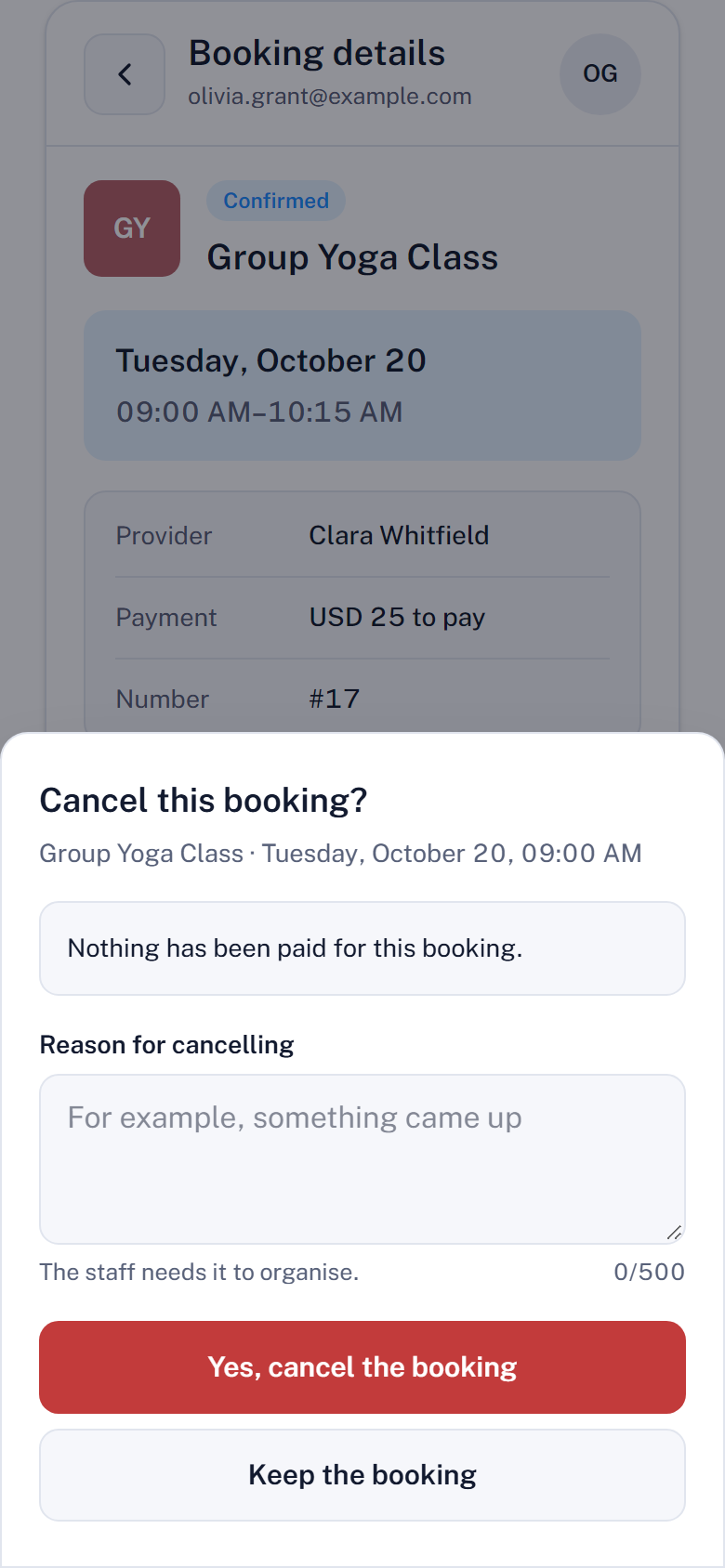 The "Cancel this booking?" panel with a required reason