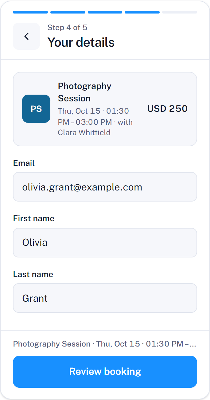 Step 4: the booking form with the chosen appointment above it