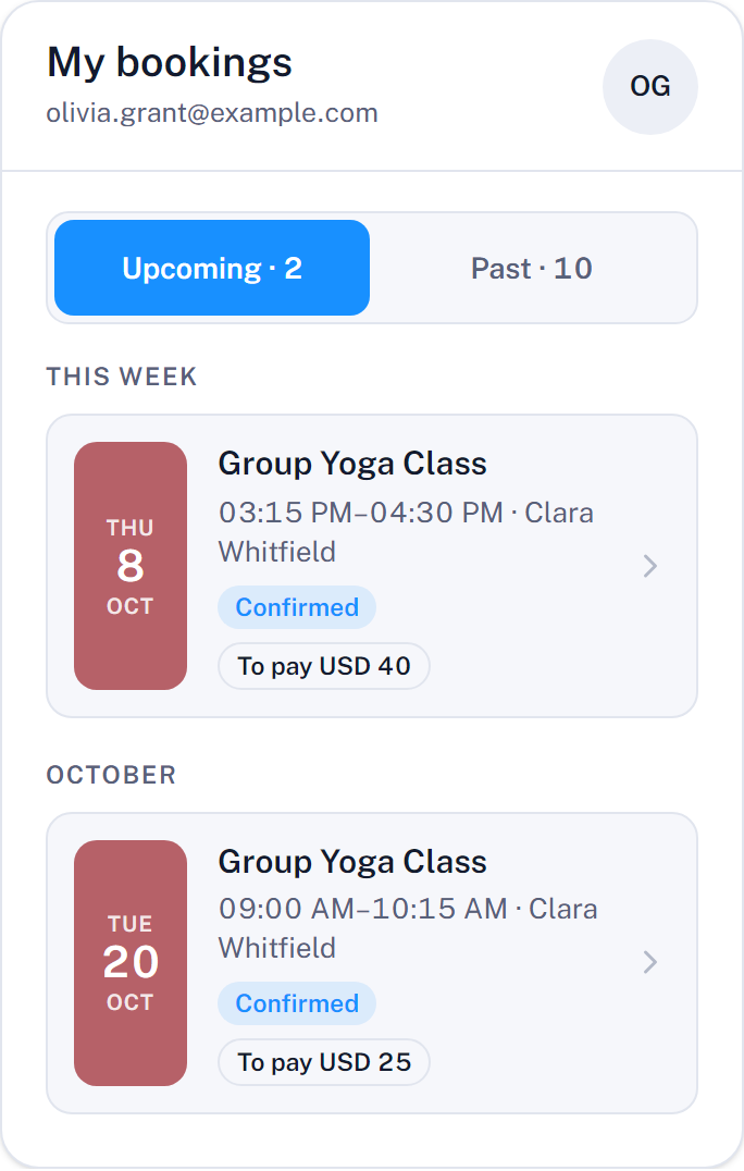 My bookings: the upcoming bookings of a customer, grouped by week and month