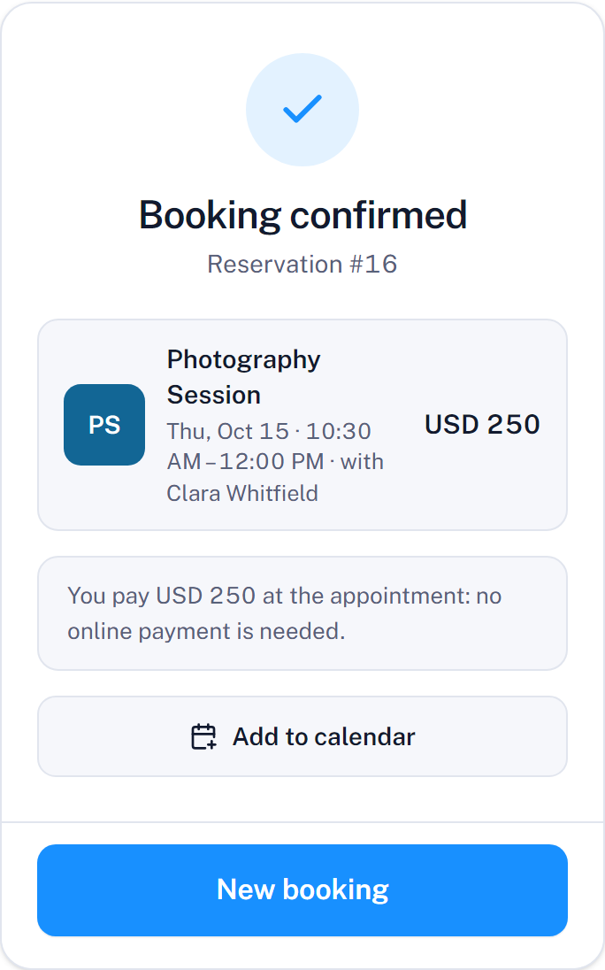 The confirmation screen with the reservation number and Add to calendar