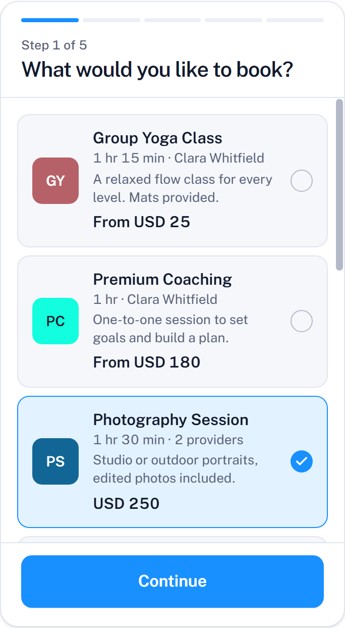 Step 1: the list of services with duration, provider and price